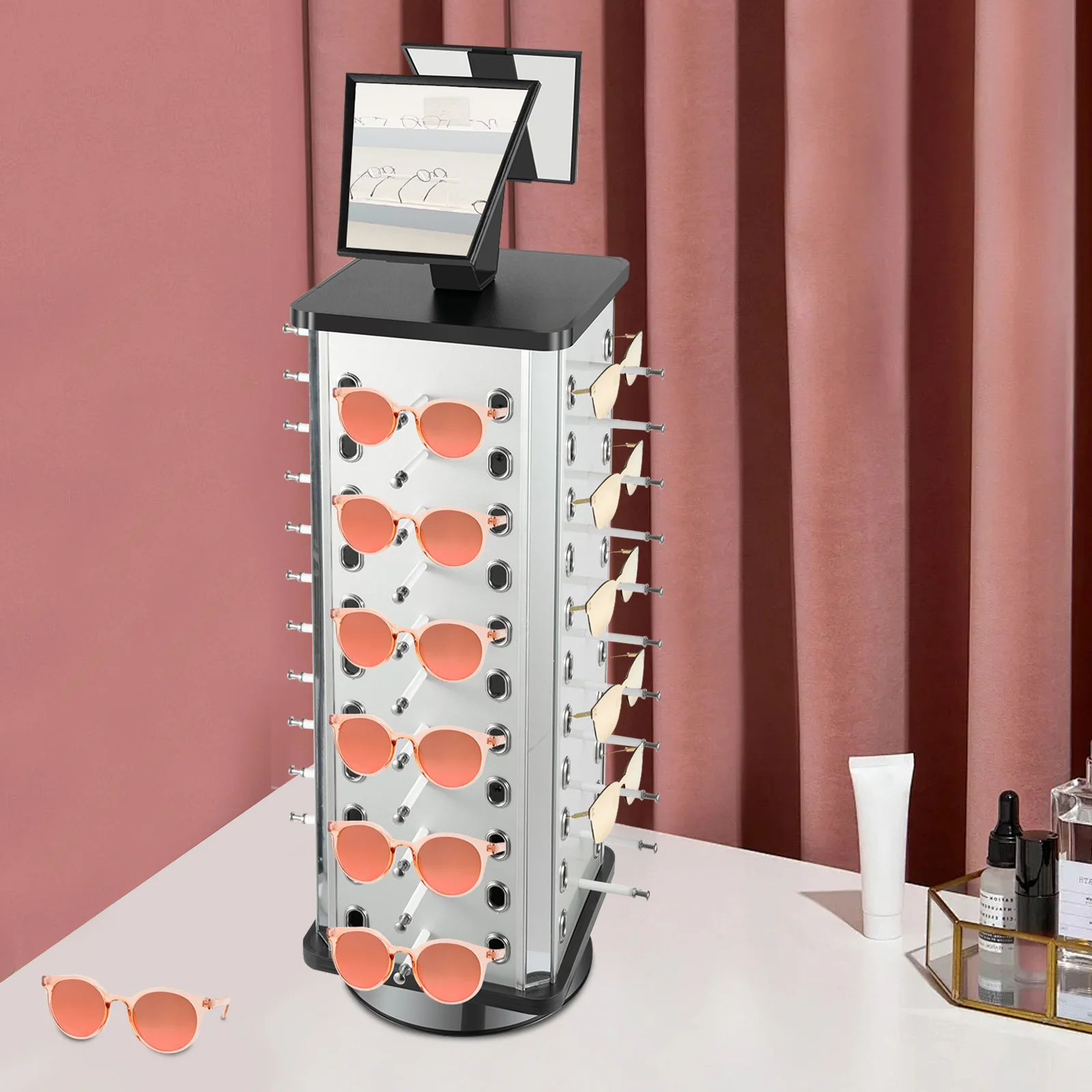 

Sunglass Display Rack 360 Rotating Metal Glasses Stand Holder W/Mirror Sunglass Display Rack 44 Pairs Glasses Stand Holder