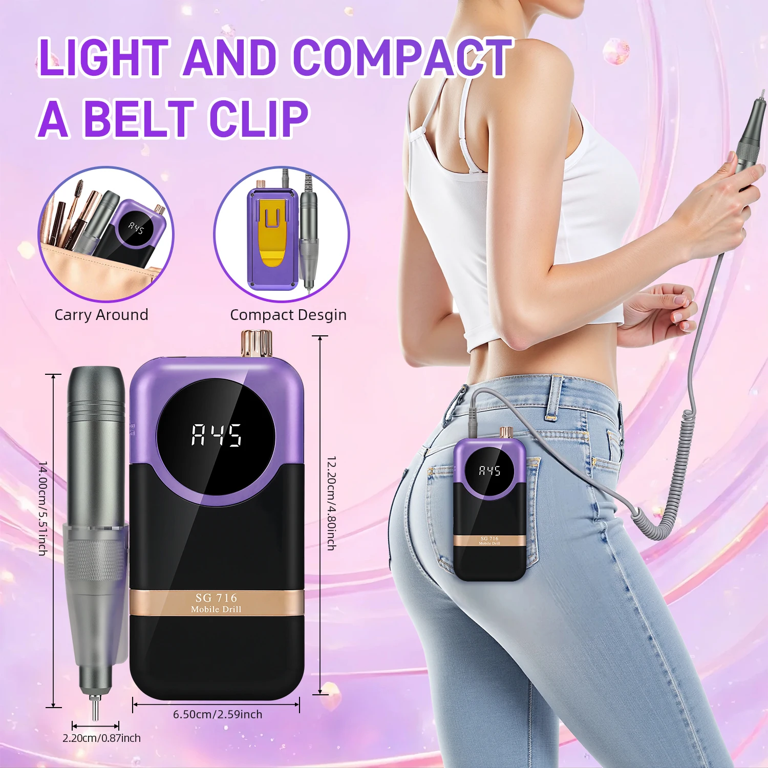 Professional 45000 RPM Nail Drill: High - Speed Motor, 1800mAh Long - Lasting Battery, Portable Design With Belt Clip For Precis