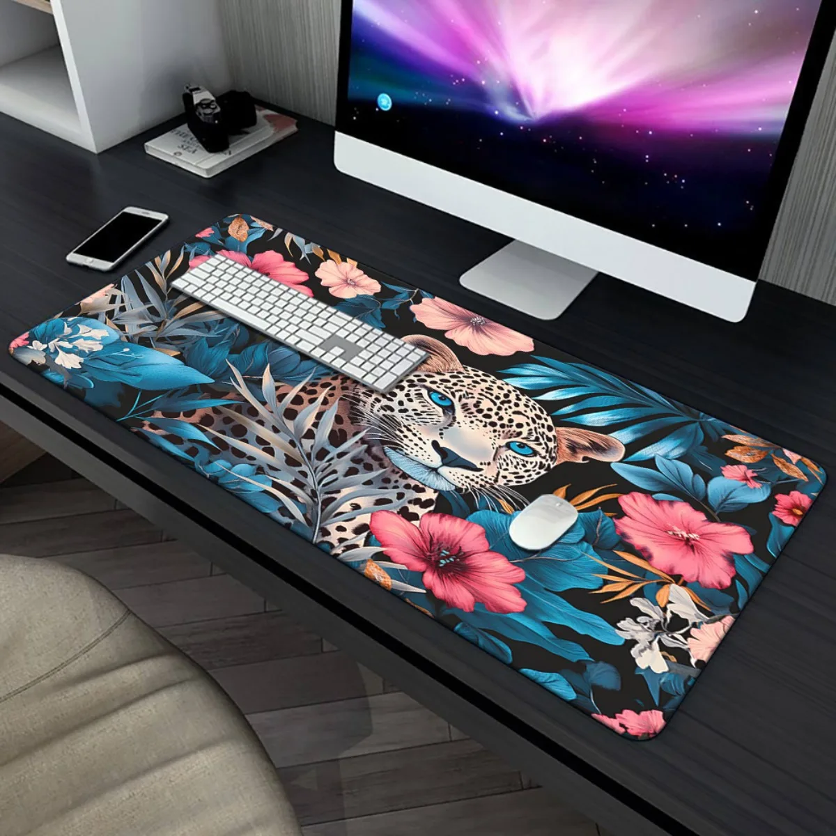 

Большой коврик для мыши XXL с леопардовым цветочным принтом, нескользящий, резиновый, для игр и офиса