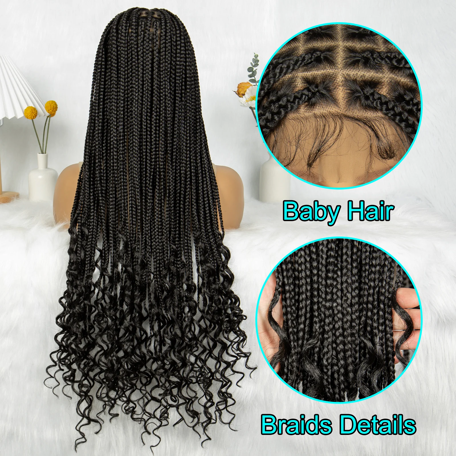 Kima Synthetic Cornrow Box Braided Full Lace Wigs Stitich Braids Curly End for Black Women