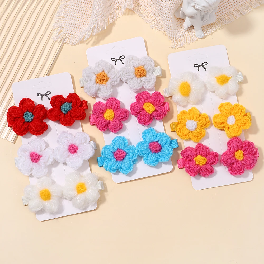 6pcs/set Flower Hairclips for Girls Wool Knitting Headwear Handmade Crochet Small Puff Kids Hairpins Cute Baby Hair Accessories