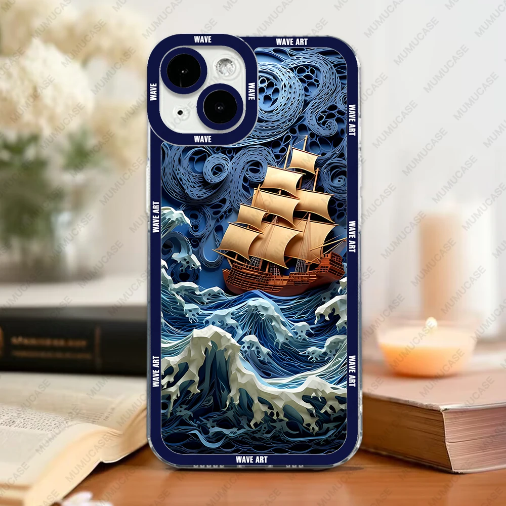 Case For iPhone 16 15 14 13 Pro Max 12 Mini 11 XS X XR SE 7 8 Plus Soft Cover Japanese Wave Art