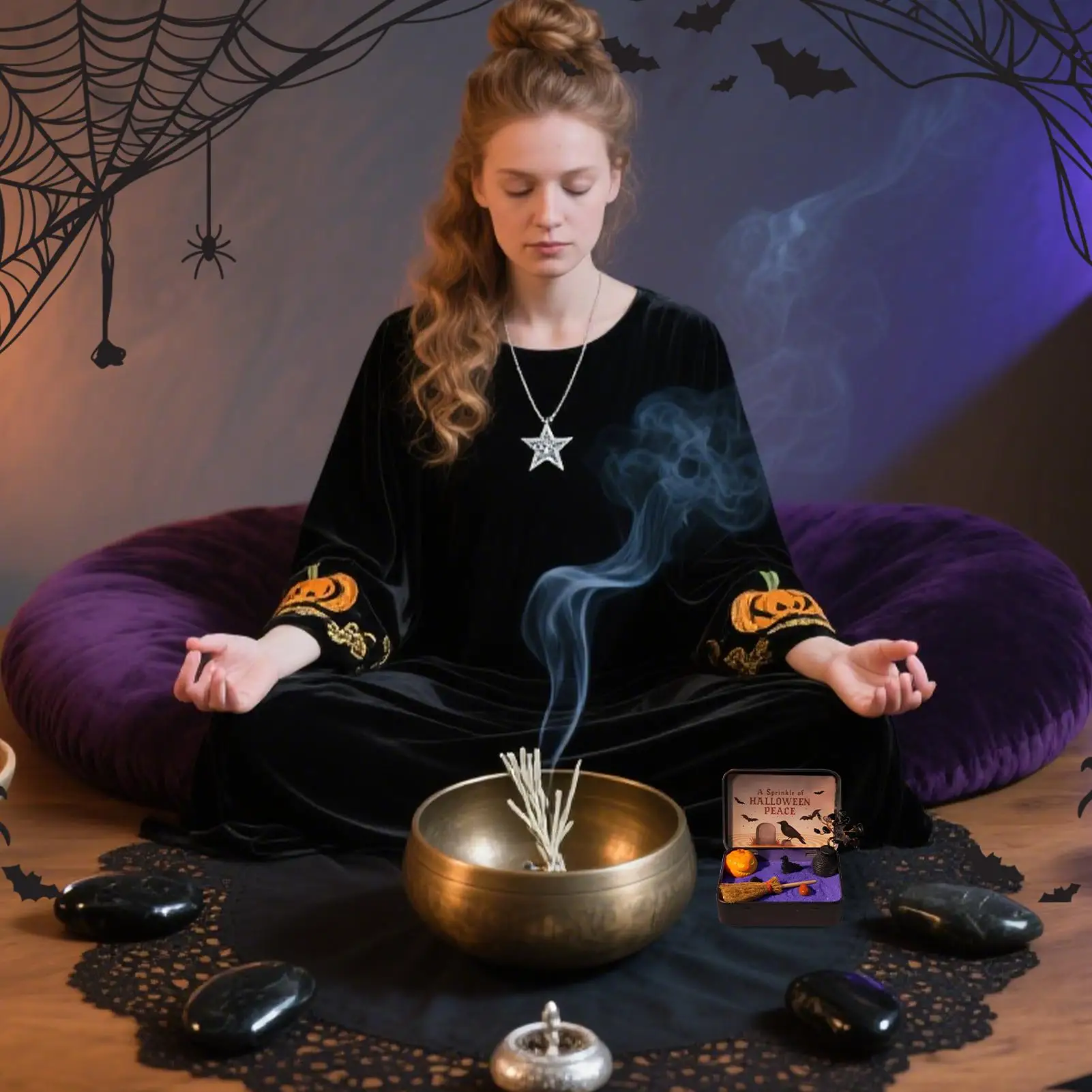 

Миниатюрная фигурка Хэллоуина, карманная садовая статуя обсидиана на Хэллоуин с метлой, тыква, настольные аксессуары для медитации, рабочего стола