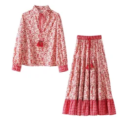 Vintage Long Skirt Set Summer Women Floral Print Blouse Skirt Sets Chic V-neck Tops Drawstring A-Line Skirts Set for Women 2 Pcs