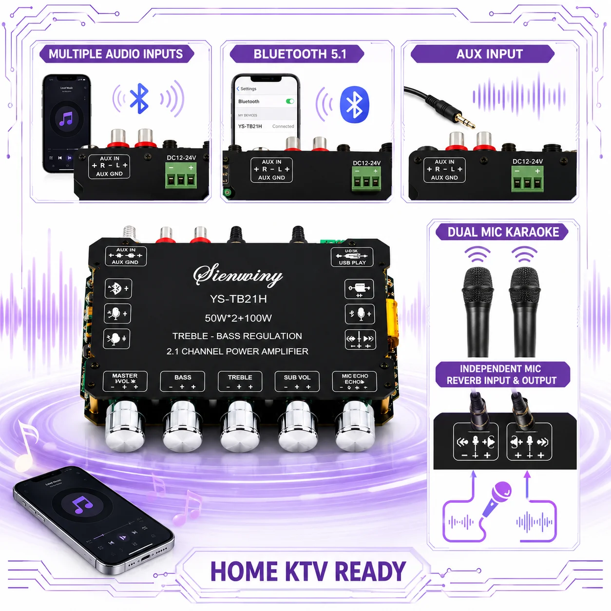 YS-TB21H 2.1 Channel Bluetooth 5.1 Amplifier Board 200W 50W×2+100W Subwoofer APP Dual Mic AUX USB HiFi DIY Audio Amp