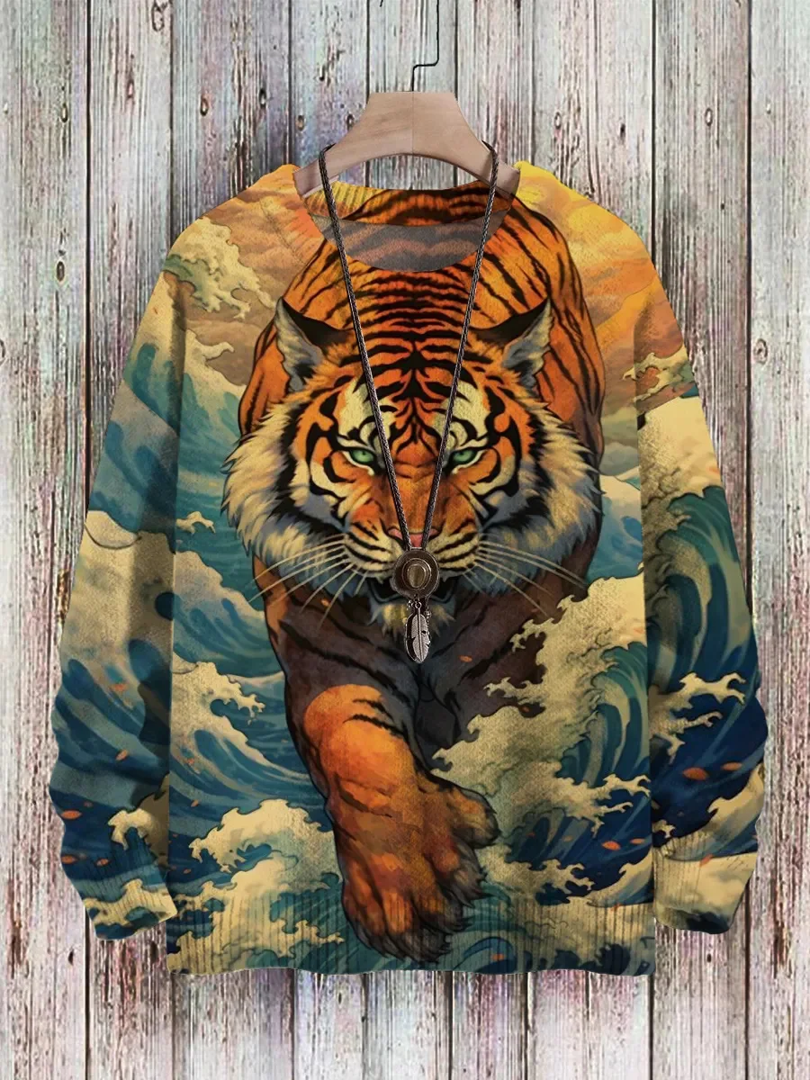 PLstar Cosmos Tigre Animal patrón Retro 3D impreso suéter de punto para hombres invierno Unisex Casual cálido Jersey de punto suéter ZZM141