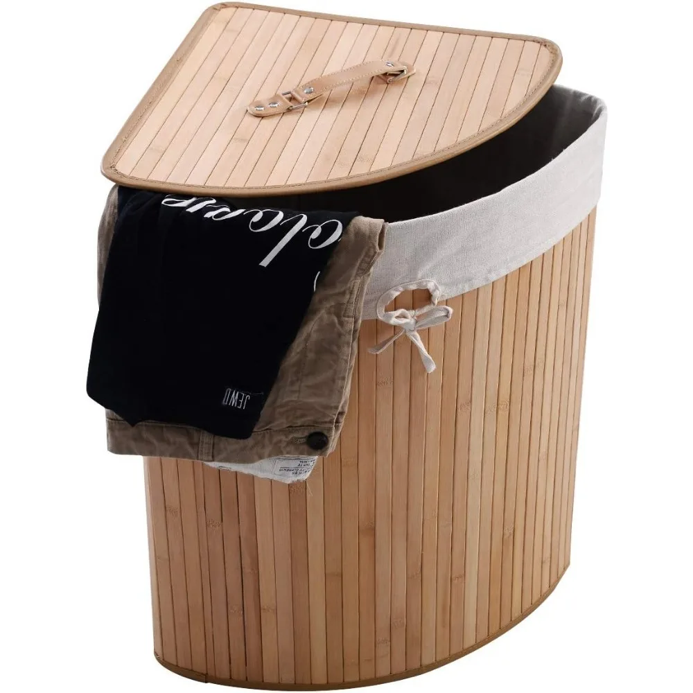 سلة غسيل من الخيزران مع غطاء وبطانة قابلة للإزالة، سلة تخزين زاوية للملابس، مناسبة للغسيل والتنظيم