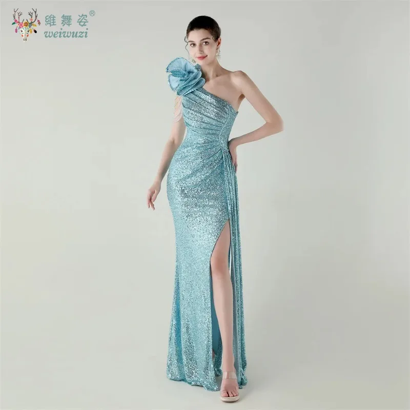 

New Sansa Exquisite Beading Sequin Porm Dress Floor-Length One Shoulder Evening Wedding Dresses Side Splite Vestidos De Fiesta