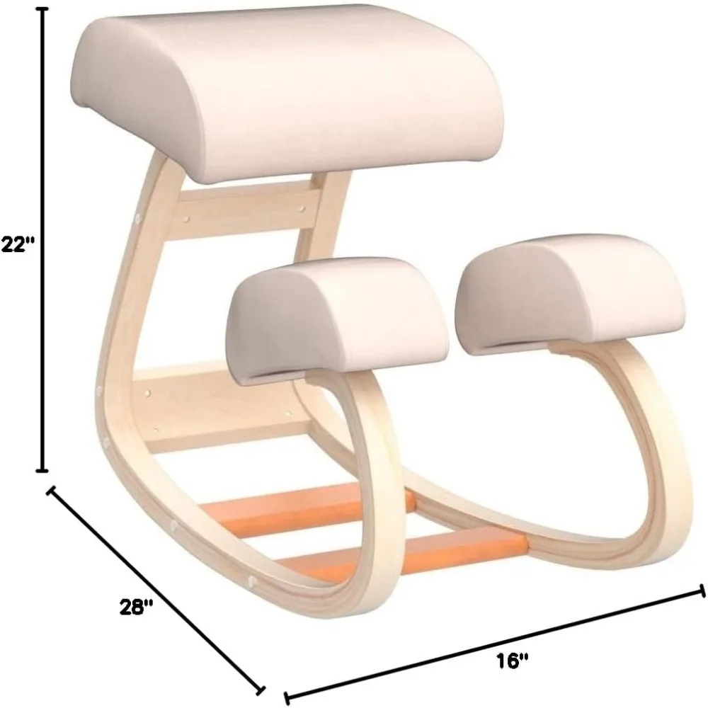 Ergonomic Kneeling Chair - Home Office Rocking Desk Stool for Active Sitting - White Comfortable Cushions Wood