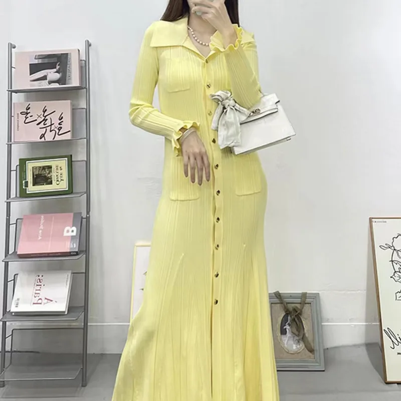 

French Celebrity Dress for Women Autumn Winter New Lapel Single-breasted Long Sleeve Waist Mid-length Wool Knitted Hip Dresses