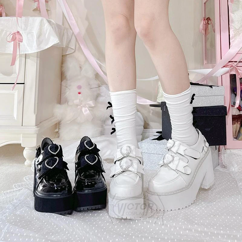 Japanese Fashion Waterproof Platform for Girl Thick Heel High Heels Platform Lolita Pearl Heart Buckle Pumps Black Leather Shoes