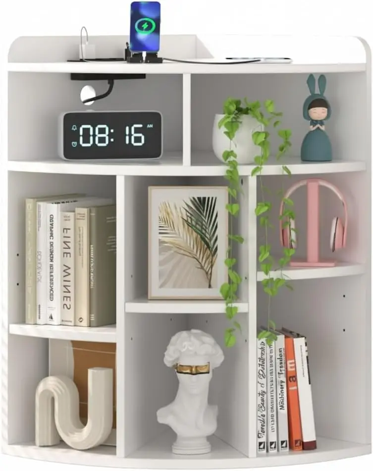 

Corner Cube Shelf with USB Ports & Outlets, Modern Corner Toy Storage Rack with Adjustable Shlef, Wooden Display Bookshelf Bookc