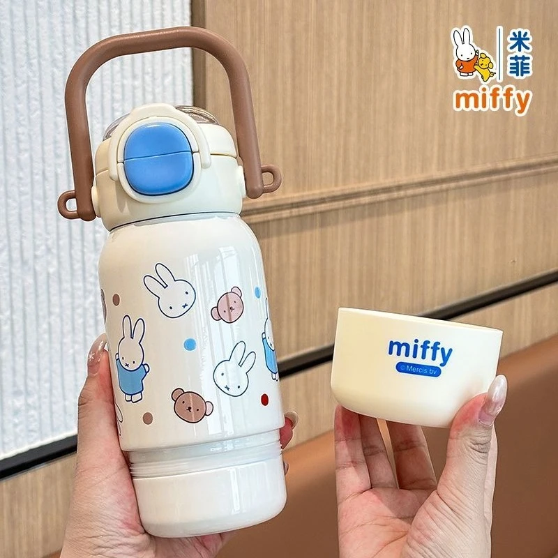 Cute Miffy Pattern 316 Stainless Steel Thermos with Straw Portable Water Bottle High Aesthetic for School Girls Daily Use Lovely