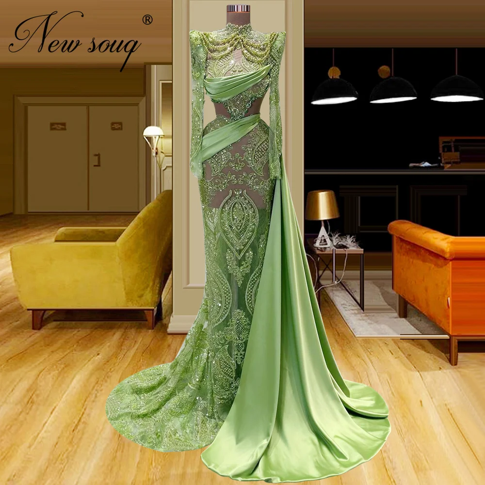 Elegant Green Long Beaded Evening Dresses Arabic Dubai Illusion Formal Prom Dresses Custom Made Mermaid Long Train Party Dress