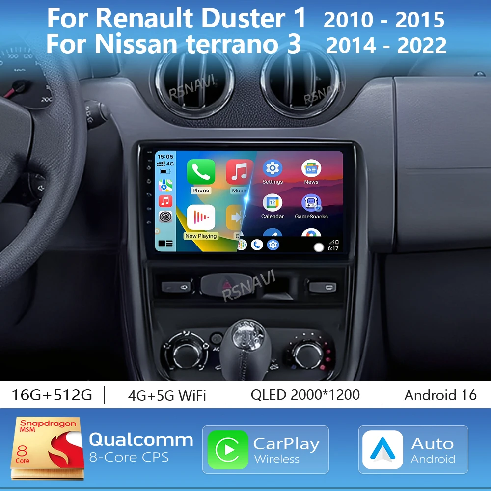 Rádio Automotivo Multimídia com Tela 2K Android 16 Carplay Auto para Renault Duster e Nissan Terrano, Unidade Central Estéreo Autoradio.