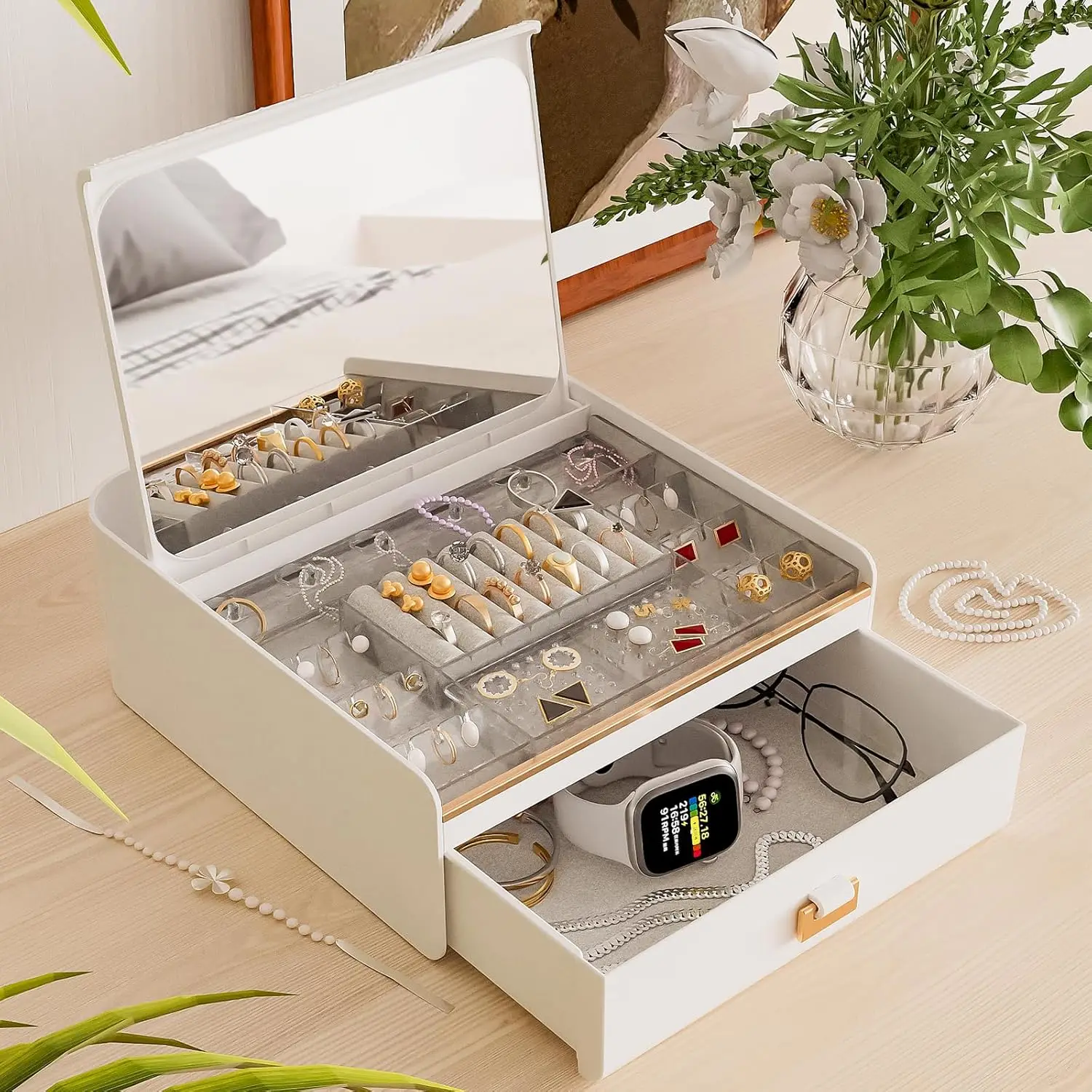 

Jewelry Organizer with Drawer and Mirror, Jewelry Box for Women Girls, Grid Storage Case for Earrings Necklaces Rings Bracelet
