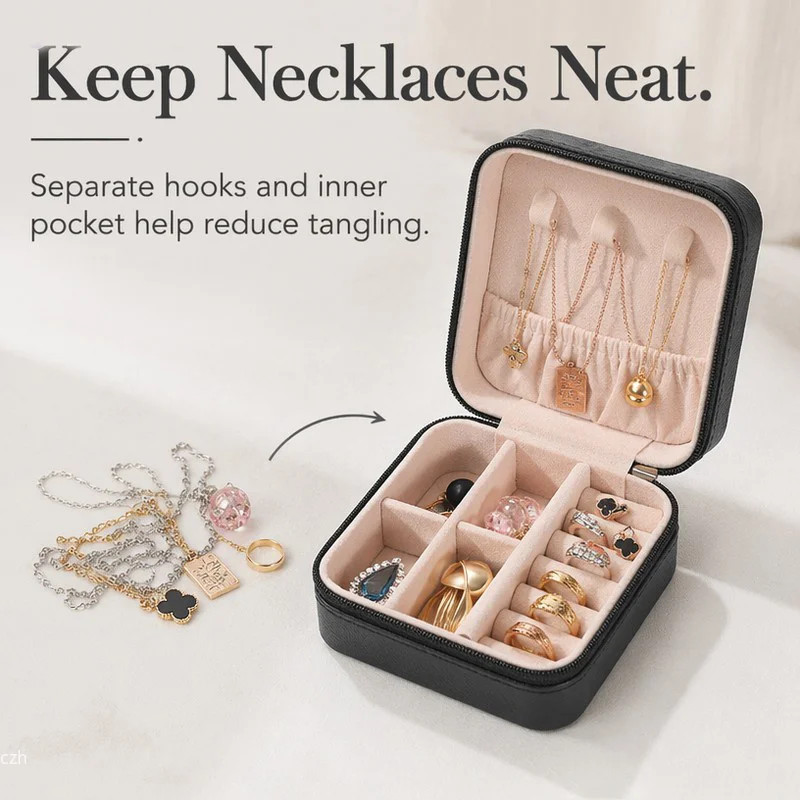 Compact Travel Jewelry Case, PU Leather Zip Organizer with Ring Rolls and Necklace Hooks - Image 2