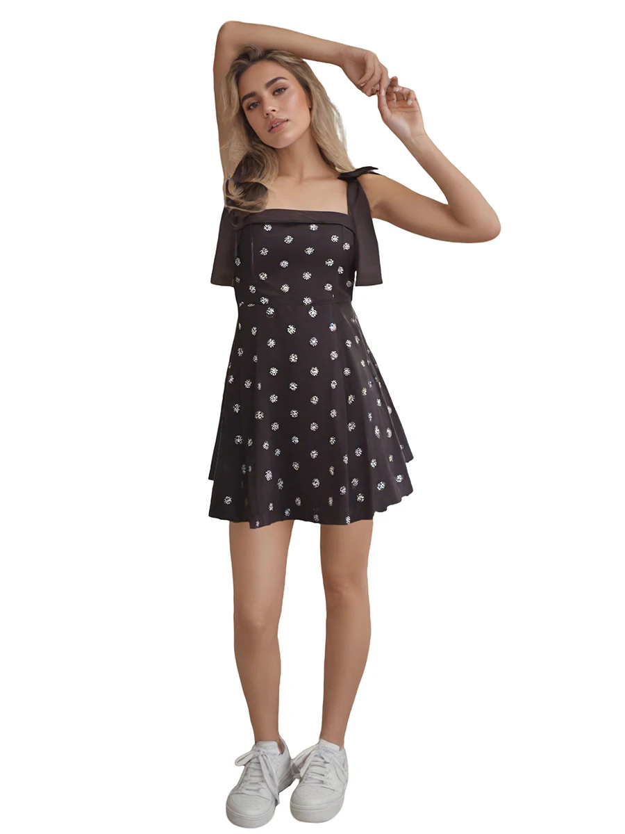 Women s Boho Style Sleeveless V-Neck Floral Print Ruffle Hem Mini Dress with Adjustable Spaghetti Straps and Back Tie Detail