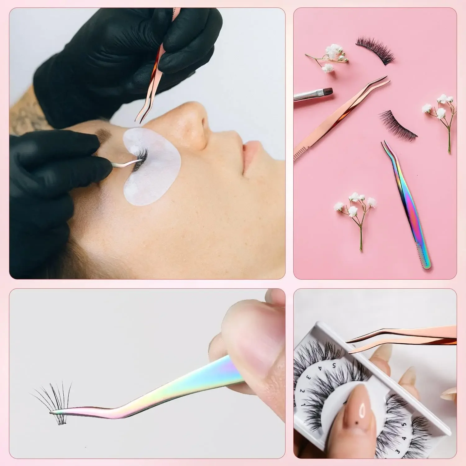 Pinça de cílios 2 em 1 com pente, pinça de cotovelo de aço inoxidável, colocação de precisão para aplicação diy de cílios postiços