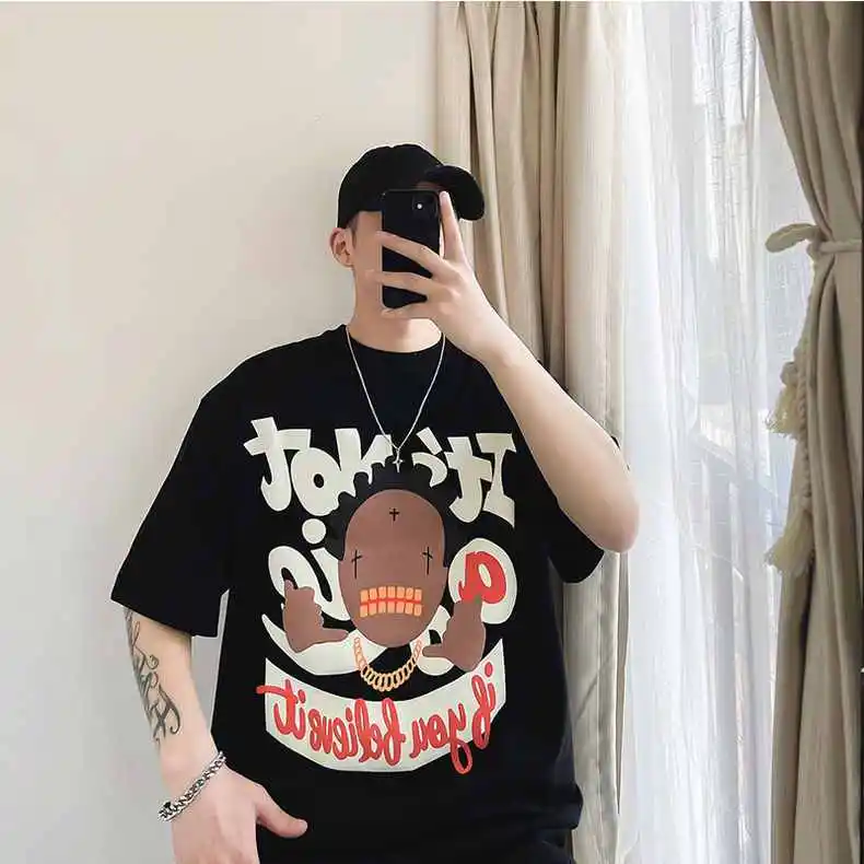 

Cotton European and American hip hop print short sleeve T-shirt men's loose trendy brand street casual handsome summer tide