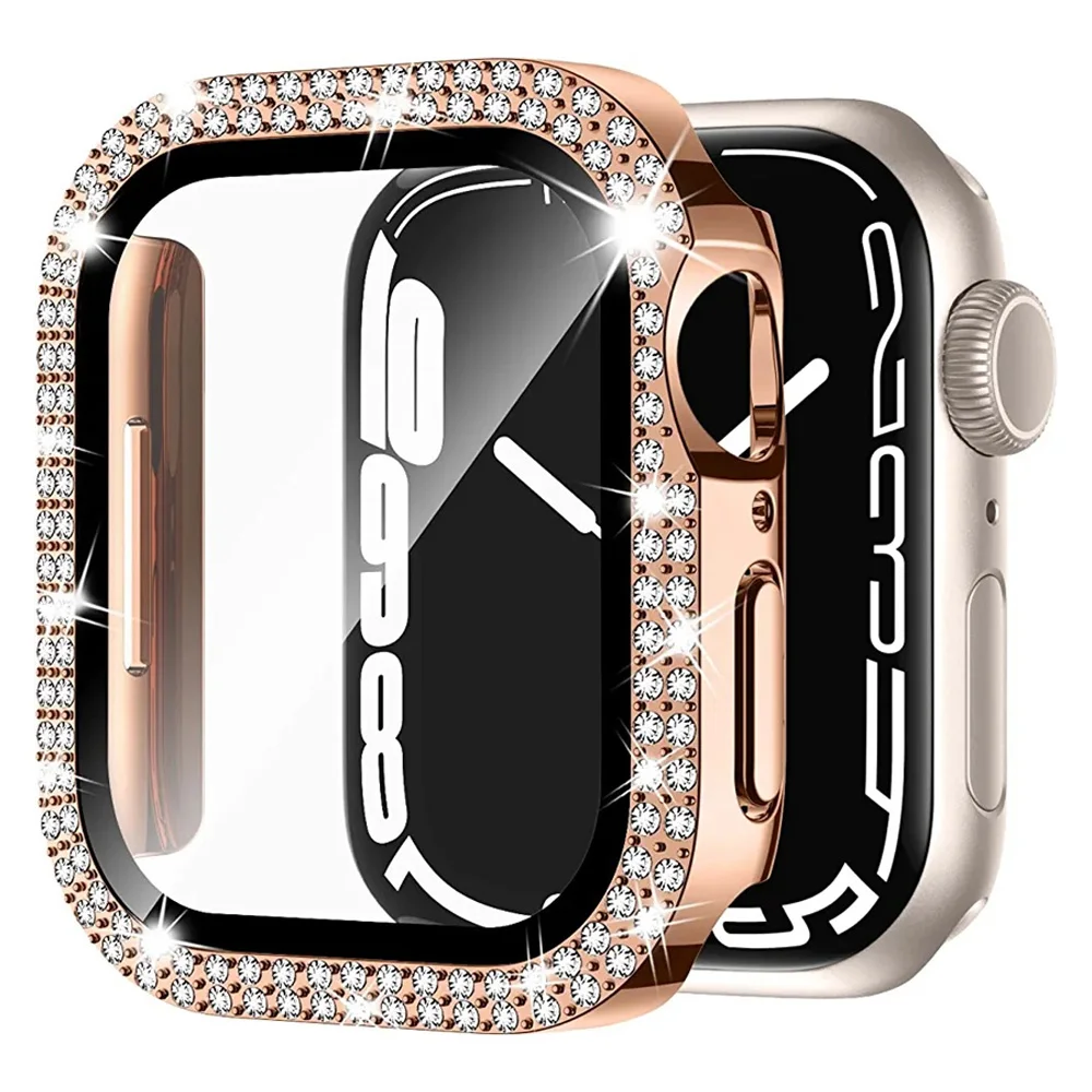 Penutup Berlian untuk Casing Jam Tangan Apple 45Mm-44Mm 41Mm-40Mm Kaca Antigores + Pelindung Layar Bumper Bling Seri IWatch SE 9 8 7 6 5 4