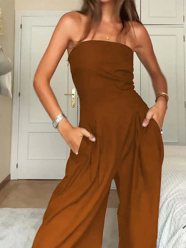 FSMG Fashion Solid Sexy Backless Slim Jumpsuits Elegant Off Shoulder Waist Cinching Pockets Wide Leg Pants Temperament Bodysuit