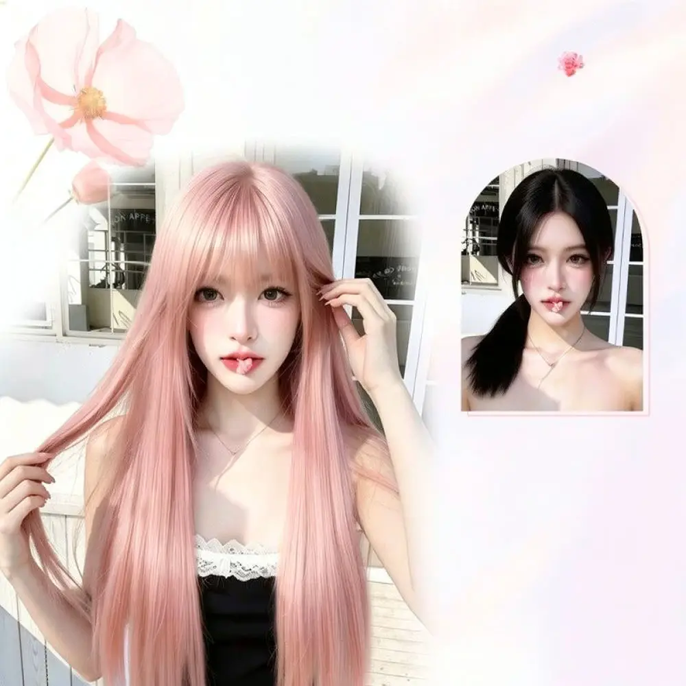 Womens Long Straight Pink Synthetic Wig Natural Layered Hairpiece Full Headpiece For Cosplay Daily Fashion Show