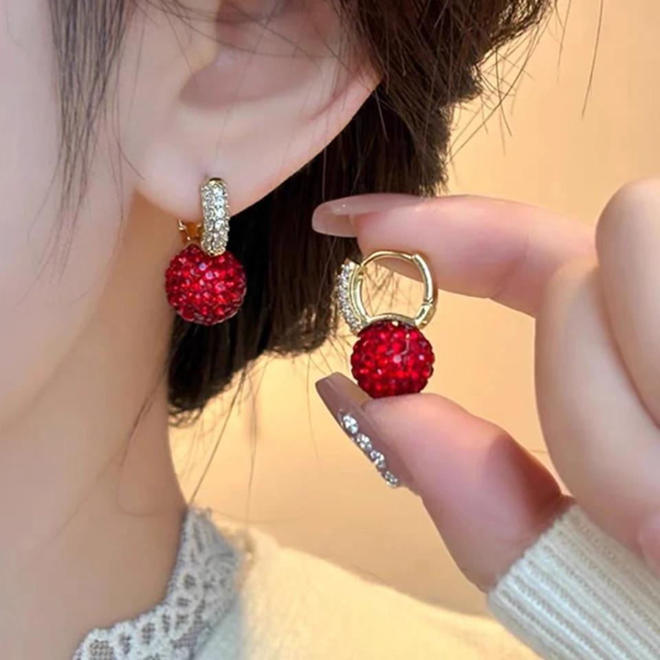Yupsk New Fashion Jewelry Full Zircon Red Ball Earrings Korean Temperament Earrings for Women Christmas Jewelry Gifts