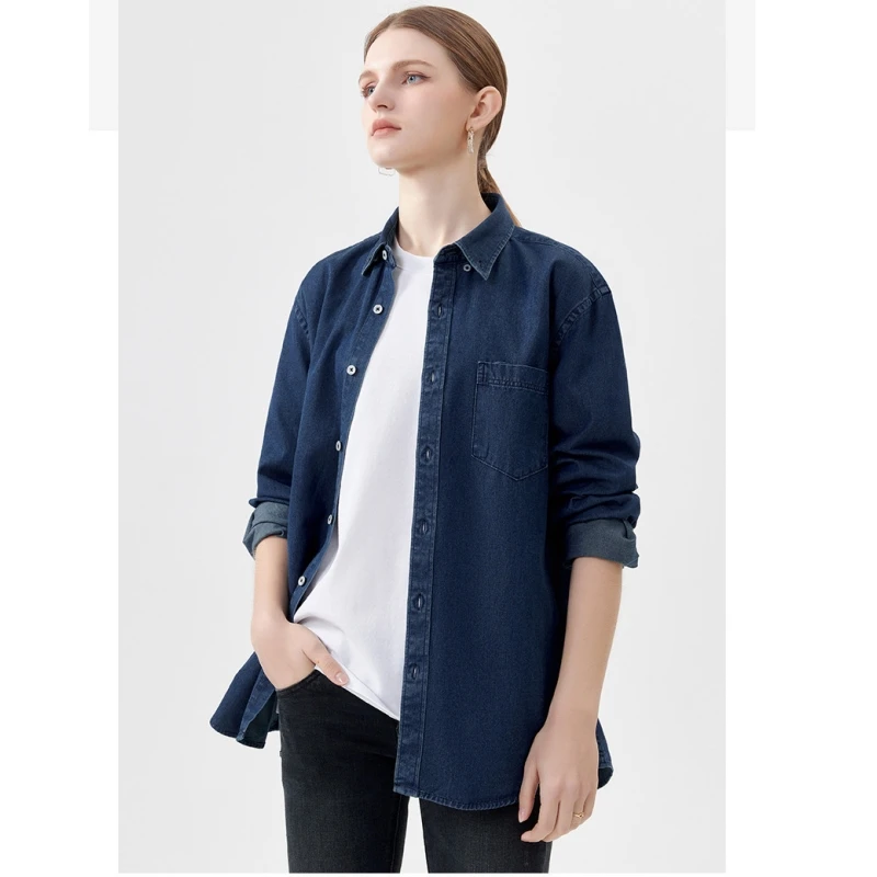 Men & Women Sand Washed Long Staple Cotton Denim Shirt High End Autumn Pure Cotton Long Sleeve Top Men's Casual Retro Shirt