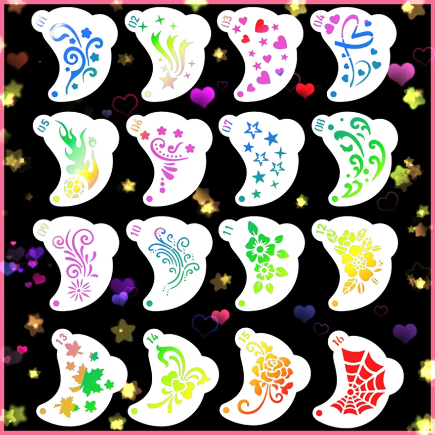 16Pcs Stencils For Face Painting Art Stamps Drawing Temporary Tattoo Reusable Paint Template Holiday DIY Graffiti Makeup Tool