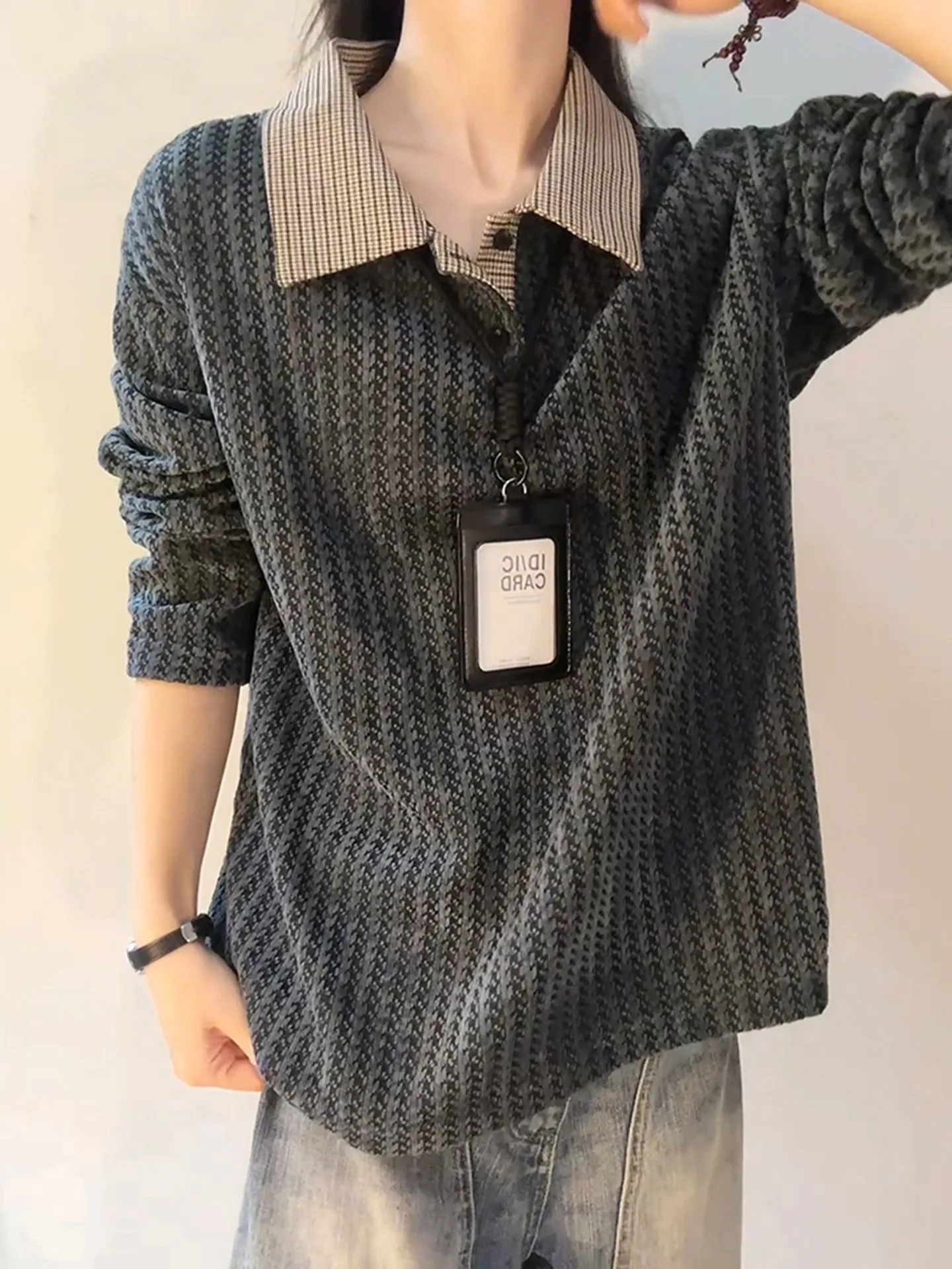 Preppy Style Prince of Wales Check  Neck Long Sleeve T-Shirt Sweatshirt Men Early Autumn High End American Retro Couple B...