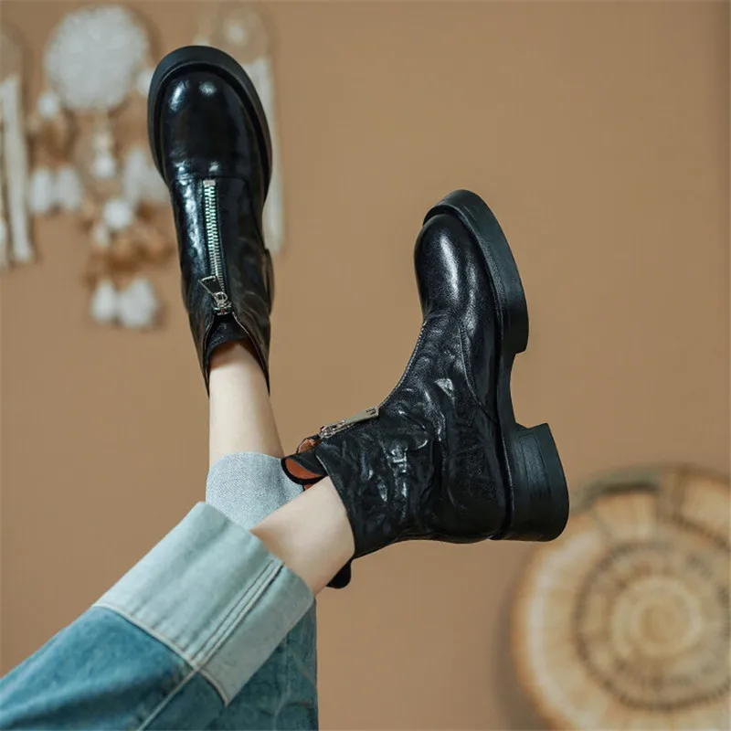 2023 Autumn Genuine Leather Platform Women Boots Round Toe Chunky Heel Boots for Women Winter Fashion Ankle Boots Women Shoes image 5