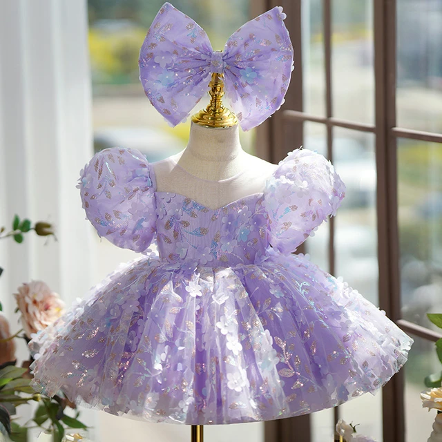 2024 Girls summer Princess petal purple Children Bow knot tutu Wedding Gown Kids Dresses baby infant Birthday Party Dress AliExpress