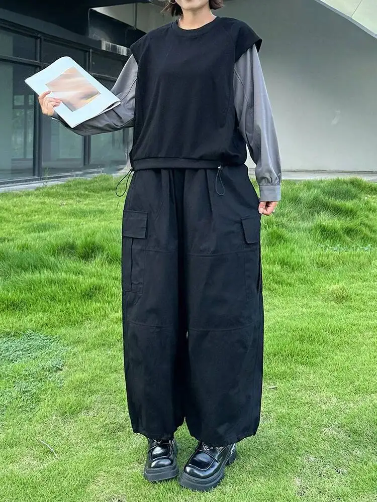 高弾性ウエスト黒ポケット巾着ロングワイドレッグパンツ新しいズボン女性ファッション潮春秋