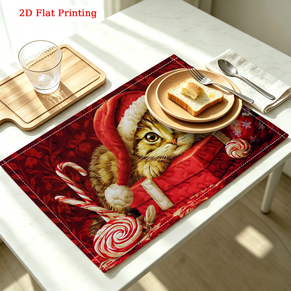 Cute Kitten In Santa Hat Kitchen Placemat Coaster Linen Pad Dish Coffee Cup Table Mat 30x40cm Home Decor