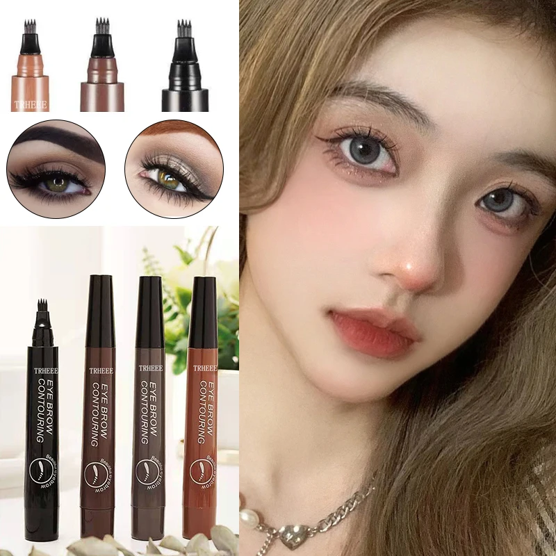 4 แยกหัวดินสอเขียนคิ้ว Long Last Smudge Proof กันน้ําเหงื่อสูงสีใช้งานง่าย Liquid Brow ปากกาแต่งหน้า