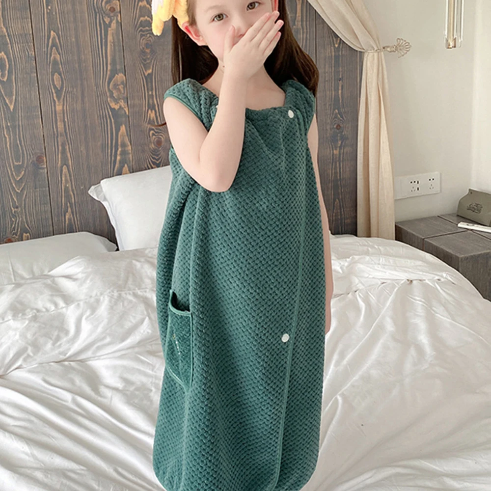 Children\'S Coral Fleece Bath Towel Absorbent Wearable Bathrobe Swimming Beach Shower Blanket Sauna Suspenders Nightdress Dress