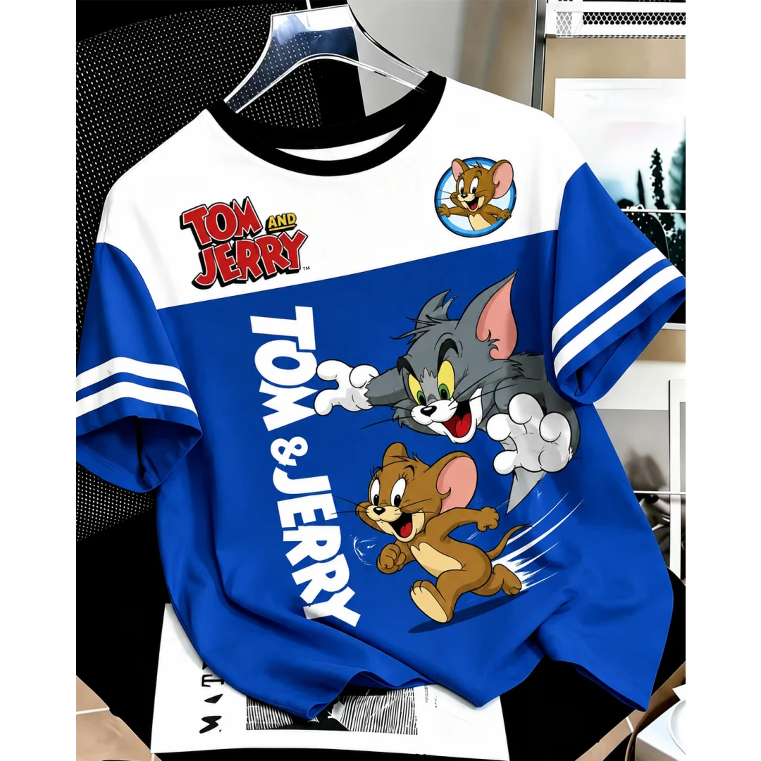 Tom And Jerry Vintage T-Shirt, Farbblock-Gestreiftes T-Shirt, Retro-Cartoon-Katze-Maus-Grafik, Lässige Streetwear-Oberteile für Männer, Frauen und Kinder – Detail 6
