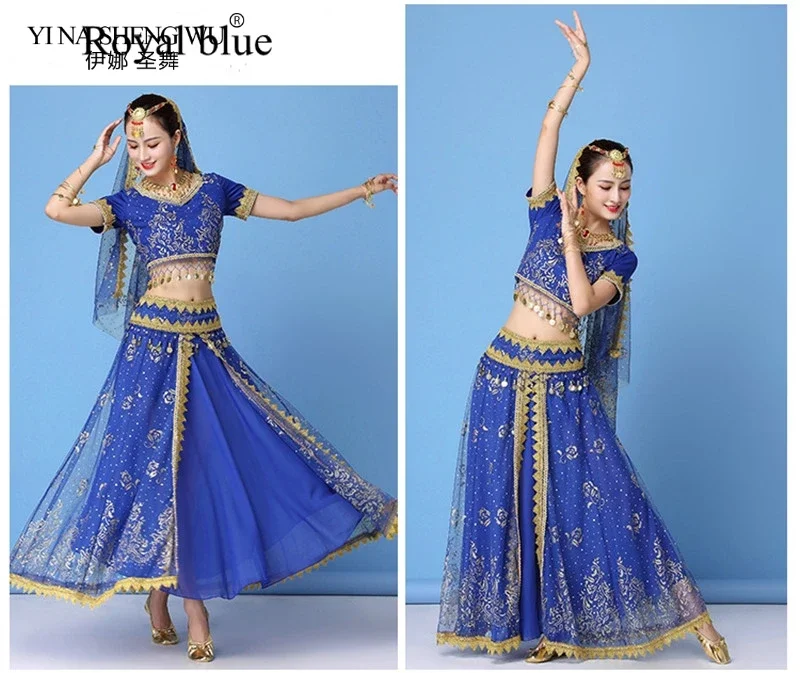 Sexy Bauchtanz-Kostümset für Damen im Bollywood-Stil, ägyptisch-indischer Stil, Chiffon-Oberteil mit Pailletten und Fransen, Rock für Bühnenauftritte – Detail 8
