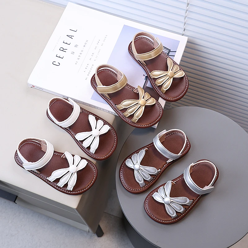 

Summer Girl's Casual Sandal Open Toe Hook-loop Flower All-match Shallow Kid's Flat Shoe Solid Color Anti-slip Chic Children Shoe