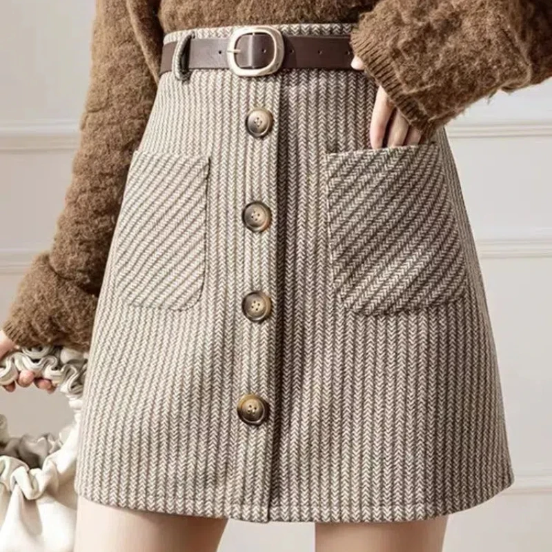 Sweet Fashion Autumn Winter Woolen Xiaoxiangfeng Women Plaid Pockets Button Korean Elegant High Waist Slim Short A-line Skirt