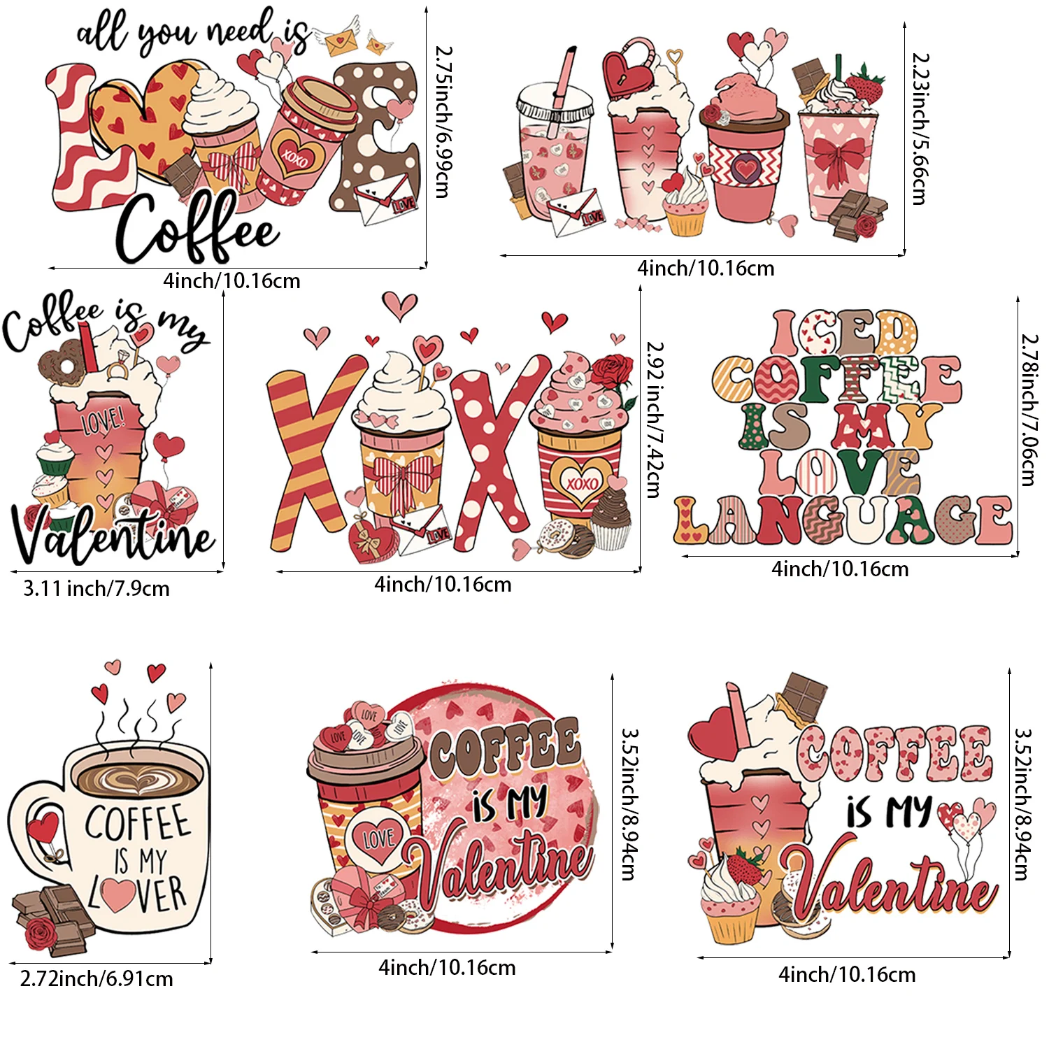 8Pcs Coffee Lron-On Transfer Stickers,Vinyl Heat Transfer Patches For DIY Couple Clothing Pillow Backpack Hat Craft