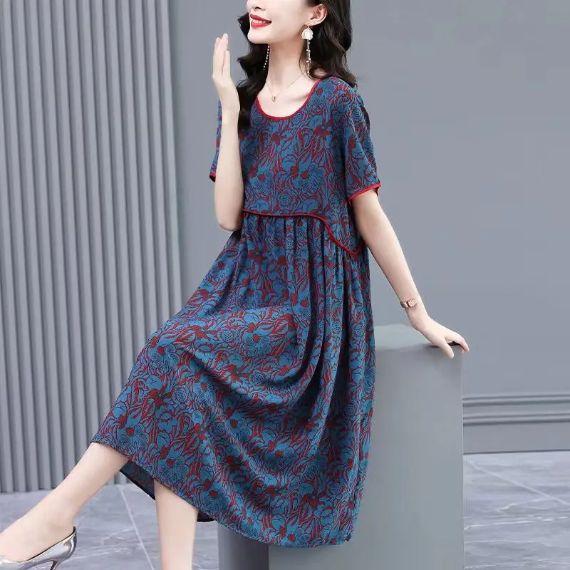 

Heavyweight silk dress female 2023 spring casual silk draped temperament o neck short sleeve printed long skirt female tops