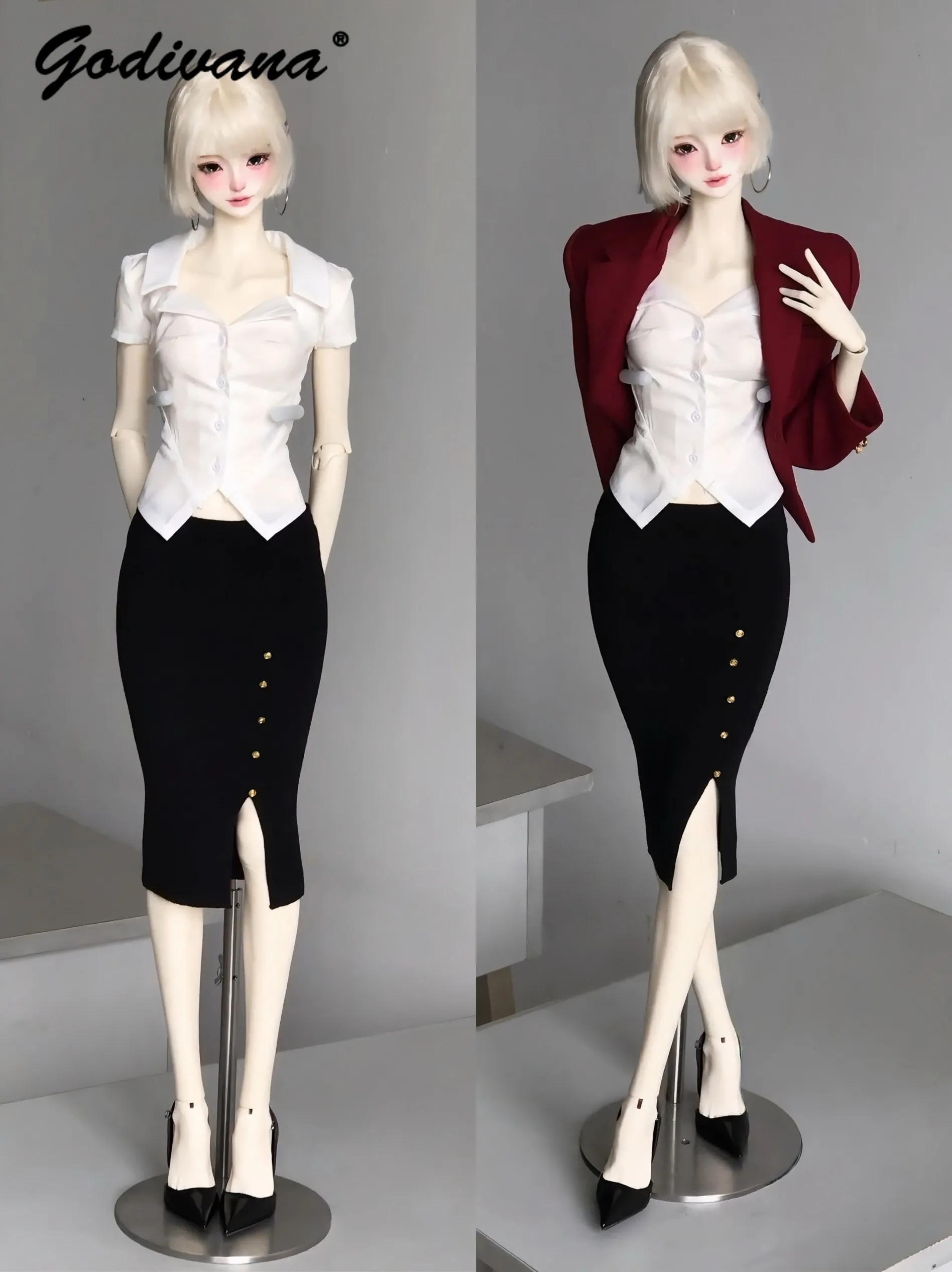 1/3 1/4 BJD Doll Clothes Elegant Office Lady Knit Hip Black Mermaid Skirt High Waist Split Pencil Skirt with Gold Buttons