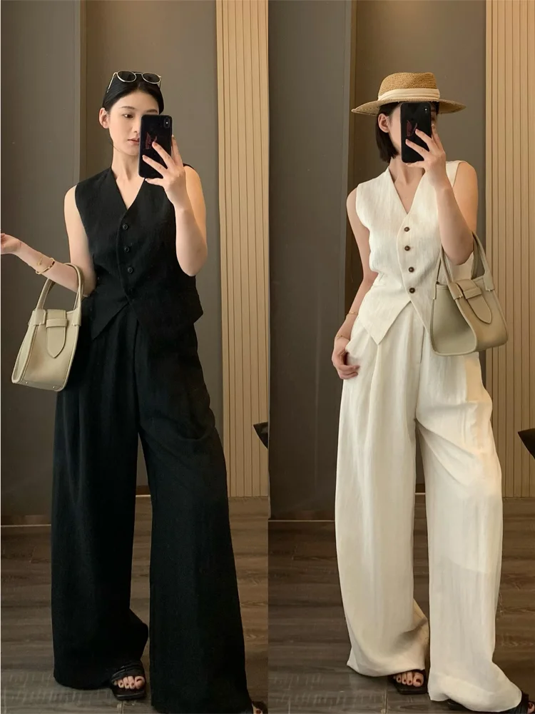 Casual Solid Color Blouse Pants Women V-neck Sleeveless Single Breasted Lace Up Tops Wide Leg Trousers 2025 New Street Outfits