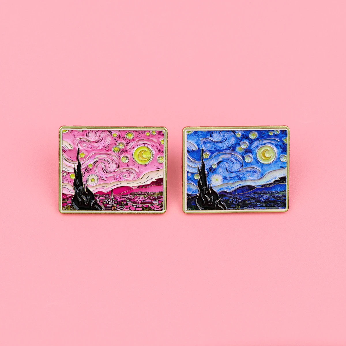 Van Gogh Sternennacht Emaille-Pins Rosa Blau Sternenhimmel Kunstmalerei Broschen für Damen Herren Kunstschmuck Accessoires Geschenk – Detail 5