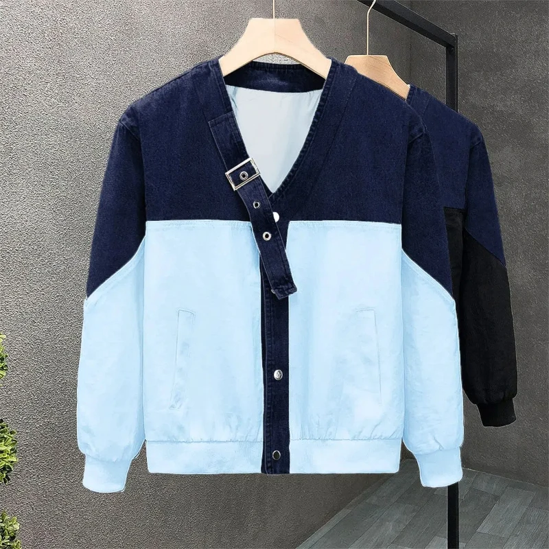 Fashion Casual Versatile Jacket Men's Denim Splicing 2024 Spring Autumn V-neck Button Pocket Loose Casual Long Sleeved Jackets