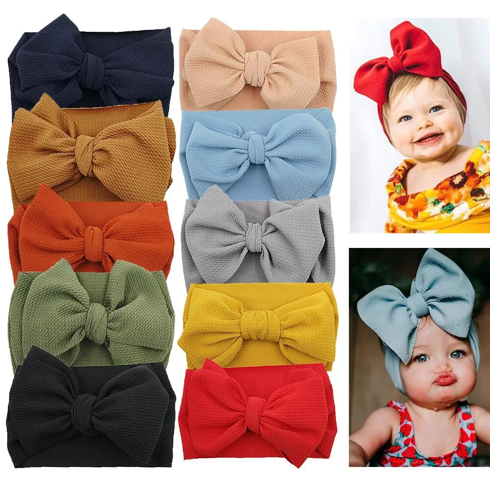 10Pcs/Lot Solid Bullet Fabric Baby Turban Headbands Flower Dot Print Hair Bands Big Bowknot Headwraps Kids Hair Accessories