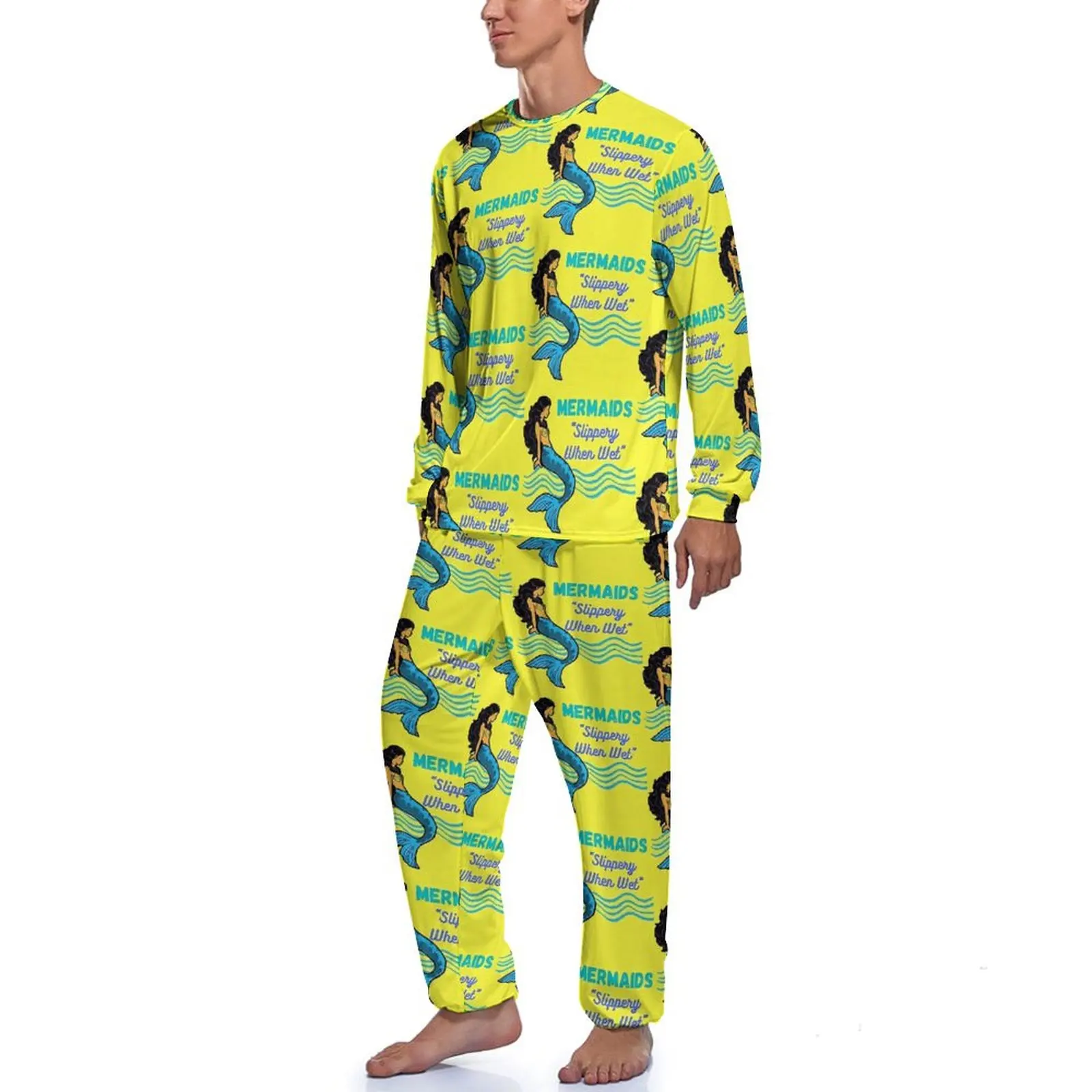 Mermaids Pajamas Slippery When Wet Men Long Sleeves Kawaii Pajama Sets 2 Pieces Aesthetic Spring Graphic Nightwear Birthday Gift