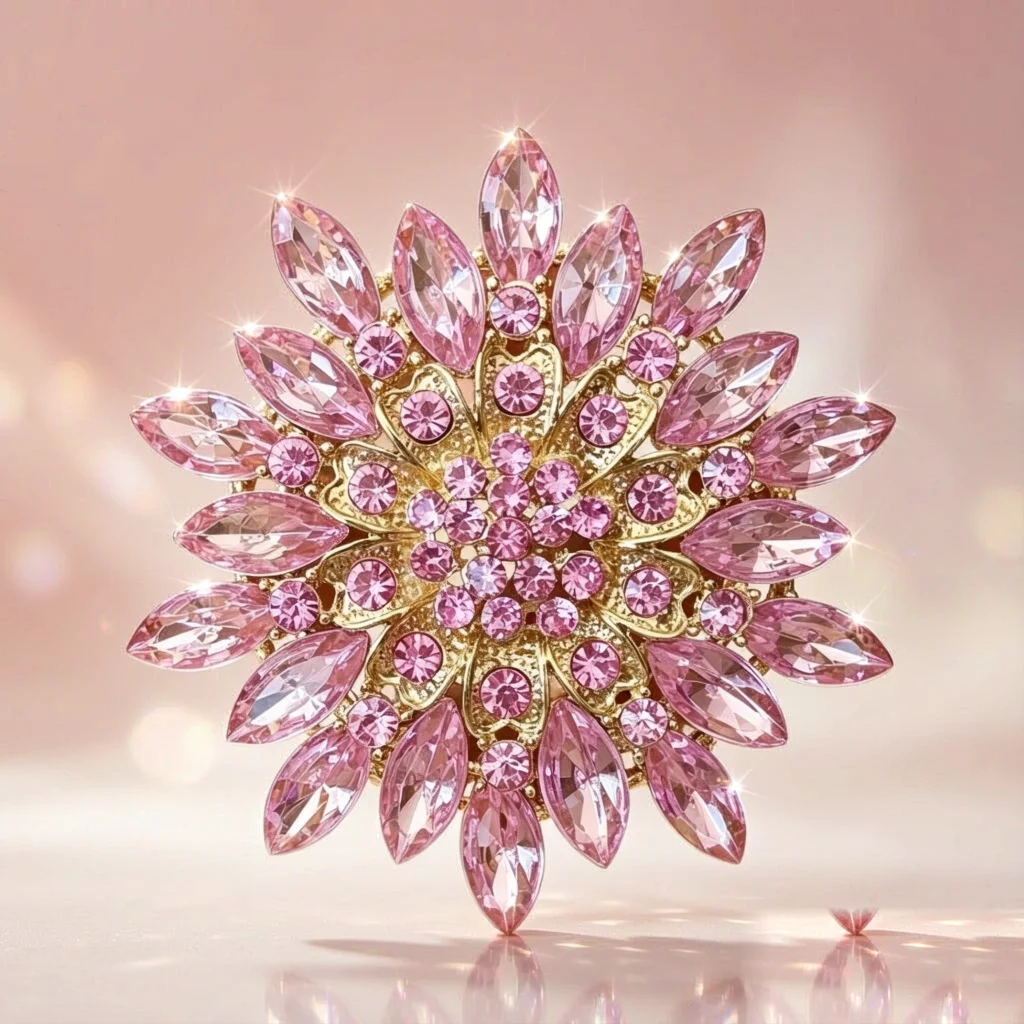Grote roze kristallen bloemenbroche voor dames, gouden zonnestraal strass bloemen speld voor jas, sjaal, jurk, bruiloft, feest, sieraden cadeau